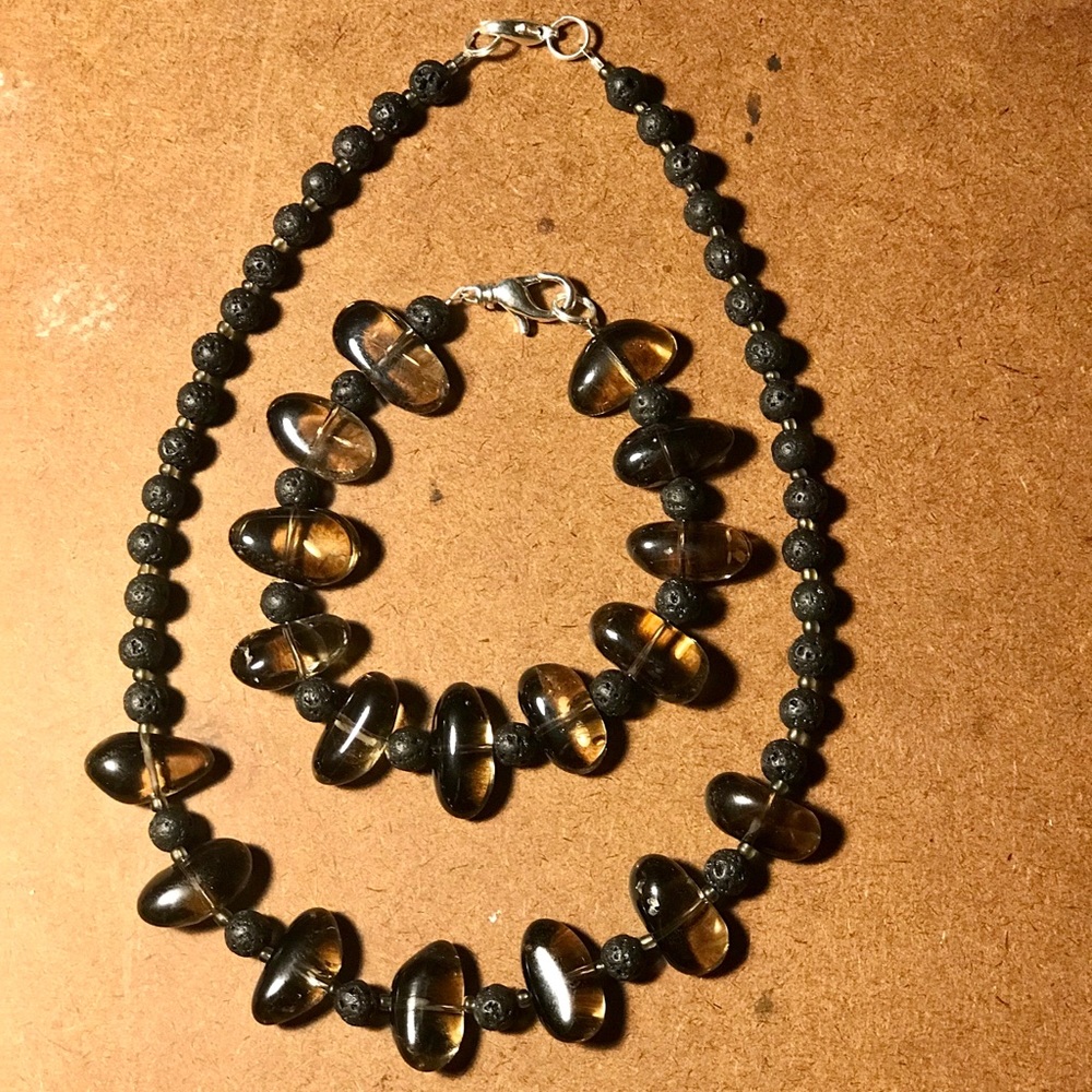 'Smoke & Fire' smoky quartz and lava stone set